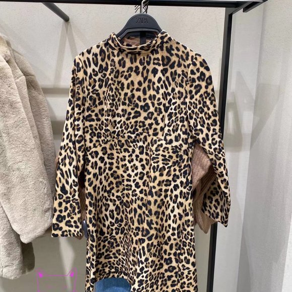 New ZARA S Small Mock Neck Animal Leopard Print Mini Short Dress - Picture 15 of 16